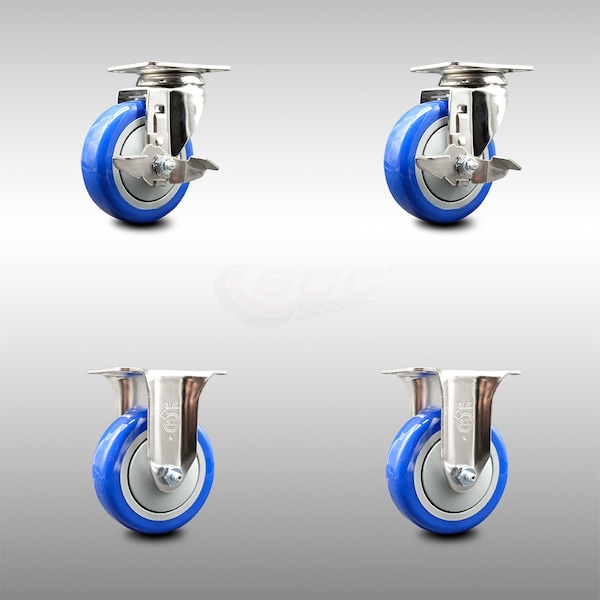 Service Caster 4 Inch 316SS Blue Polyurethane Swivel Top Plate Caster Brake 2 Rigid SCC, 2PK SCC-SS31620S414-PPUB-BLUE-TLB-2-R-2 - main